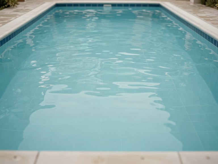 The same swimming pool interior after full renovation — smooth, uniform waterproof render surface with clean waterline tiles, no cracks or deposits visible, photographed in natural overcast daylight at eye level from the pool edge, no people, no lifestyle props