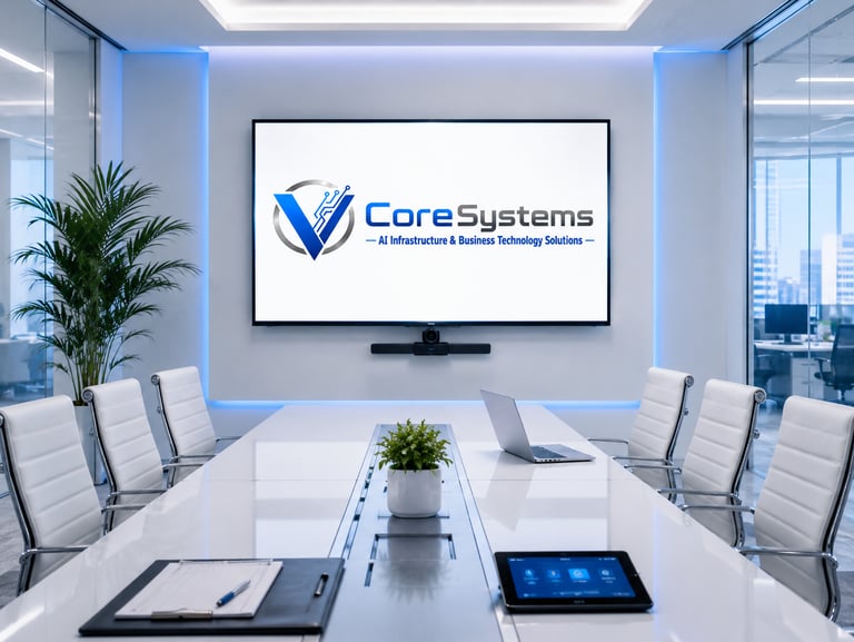 Modern conference room featuring CoreSystems AI infrastructure logo on a large screen with white office furniture.