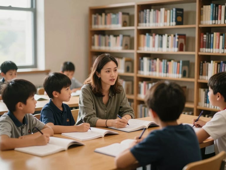 Focused young students receiving mentorship in a beautifully lit, high-ceilinged community library, warm side-lighting, shallow depth of field