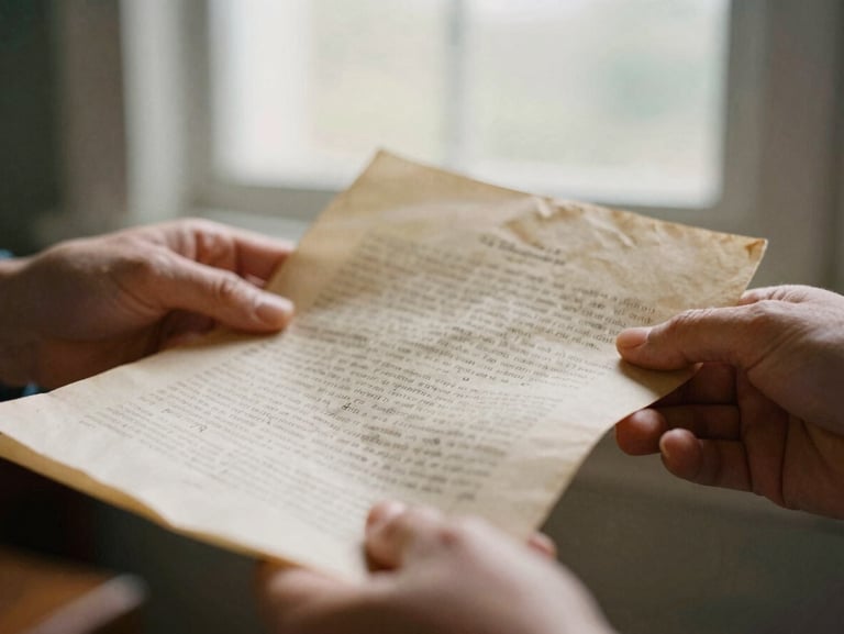 Close-up of hands gently holding and reviewing historical family documents, soft natural window light, warm editorial tones, shallow depth of field
