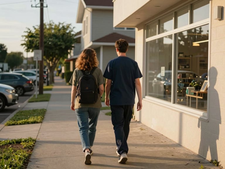 Wide environmental shot of a support worker and client walking side by side along a neighborhood sidewalk toward a local shop, late afternoon golden light, relaxed pace, shot from behind at a slight distance — observational