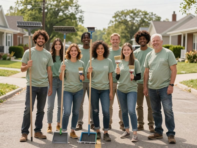 A cheerful group of local volunteers holding rakes and paintbrushes, standing together on a clean neighborhood street, warm daylight, 35mm