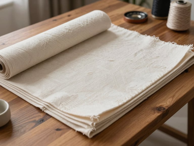 High-quality finished artisanal textile products displayed elegantly on a wooden table, soft daylight