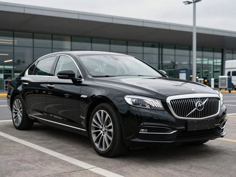 A spotless executive black sedan parked outside a modern UK airport terminal, overcast daylight reflecting off the polished paint