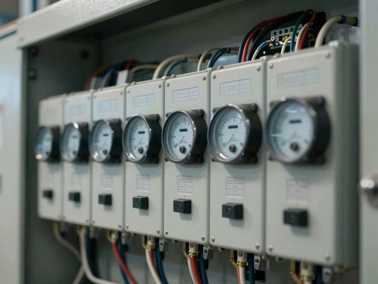 Close-up of industrial electrical control panel with neatly routed wiring, digital meters displaying technical data, cool architectural lighting.