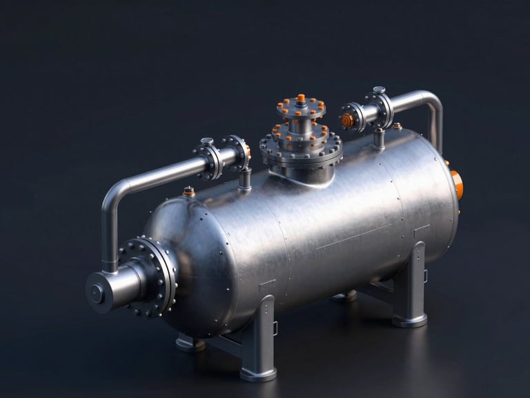 3D CAD model of a massive industrial pressure vessel with complex piping connections, isometric technical view, clean steel metallic textures, dark background