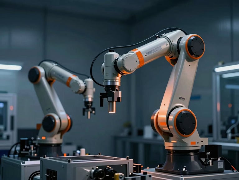 Specialized robotic handling arm in an industrial clean room, high precision joints, dramatic side lighting with orange safety accents