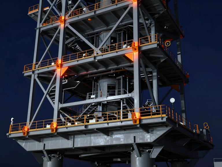 Structural steel frame of a heavy military launch platform, FEA stress deformation model with warm orange highlights on joints, technical blueprint aesthetic