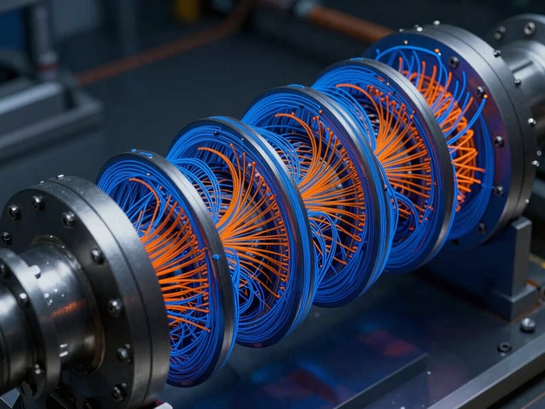 Finite element analysis mesh of a nuclear reactor heat exchanger, high contrast blue and orange stress lines, technical engineering software interface, sharp details