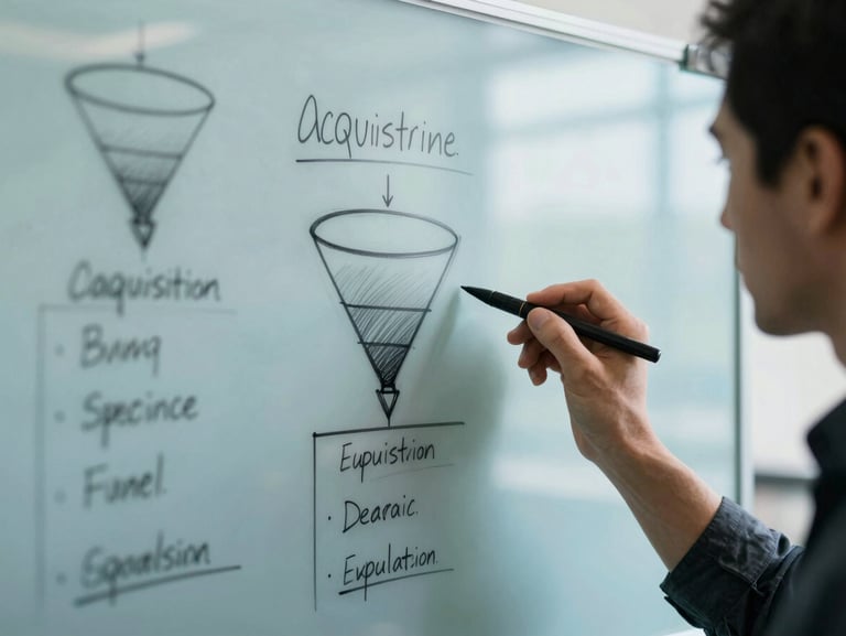 Focused professional sketching an acquisition funnel wireframe on a glass whiteboard, cool natural daylight, sharp focus, 35mm lens