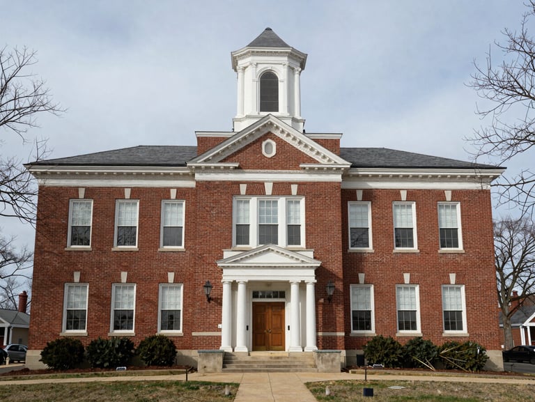 Wide shot of a dense brick county courthouse exterior in a small Ohio town, midday overcast light, bare trees visible at the frame edge, photographed straight-on as documentary record