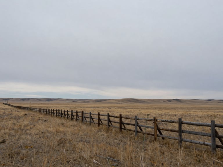 Panoramic wide shot of open Montana rangeland under flat grey overcast sky, a weathered wooden fence line running diagonally toward the left, no people, photographed as landscape documentation