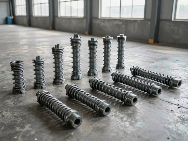 Heavy-duty steel leaf springs and trailer suspension parts arranged neatly on a clean concrete factory floor, industrial natural light from warehouse windows, strong geometric lines