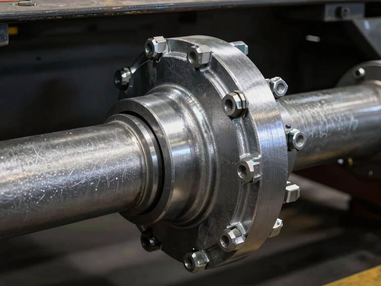 Close-up shot of a heavy-duty trailer axle hub, cold metallic industrial lighting, highlighting the high-strength steel texture and precise wheel bolts, dark factory background