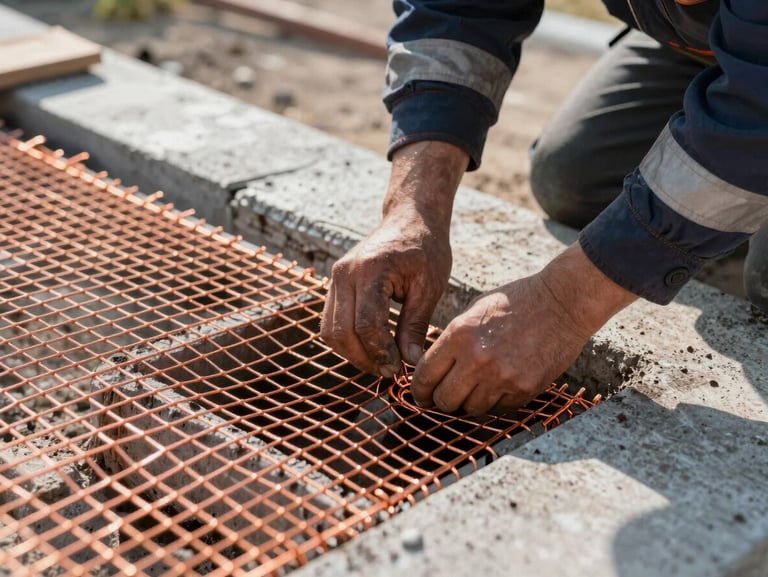 Macro shot of a technician installing heavy-duty copper mesh into a crawlspace foundation vent, crisp early morning daylight, high-contrast, professional utility gear visible