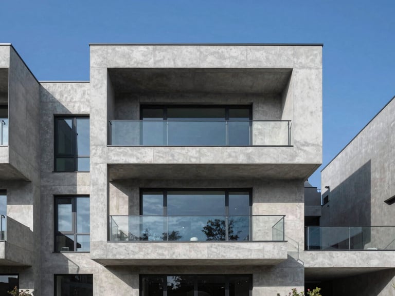 Modern high-end residential concrete villa facade with clean geometric lines, bright daylight, sharp high-contrast architectural shadows.