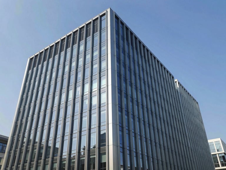 Sleek corporate office building with steel framing and glass facade, crisp daylight reflection, professional architectural photography.