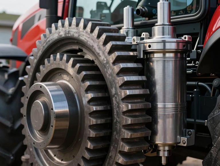 Macro close-up of heavy steel gears and hydraulic pistons of a modern tractor, natural high-contrast daylight, focus on mechanical precision and industrial steel.