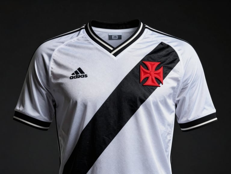 Classic retro soccer jersey of Vasco da Gama 1998, white with black diagonal sash, red cross crest, dramatic studio lighting, dark moody background, high contrast