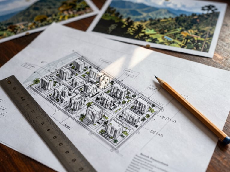 Close-up overhead shot of a site planning document for an urban housing project — printed maps with hand-drawn annotations, a ruler and pencil on the page, natural daylight from a nearby window casting soft shadows, Papua highlands context visible in a background photo pinned to the wall
