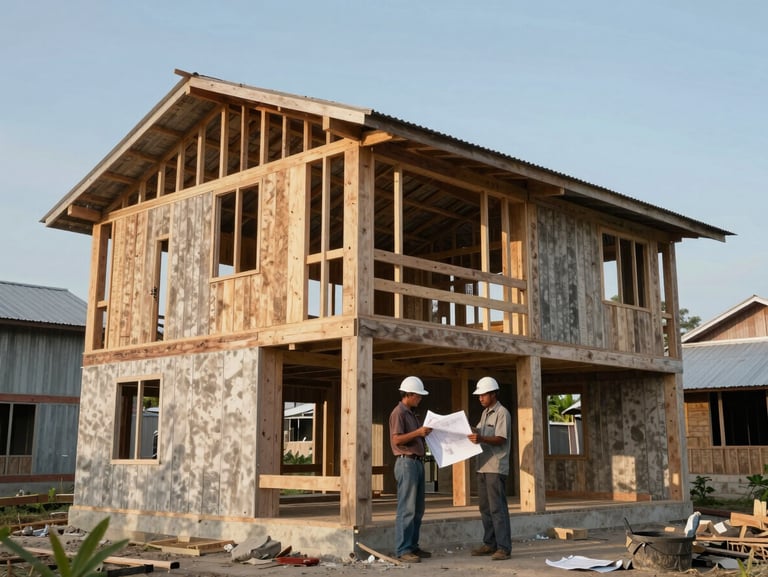 Wide shot of a modest housing unit under construction in a Papuan coastal settlement, timber framing visible, a foreman reviewing blueprint drawings held open under clear morning light