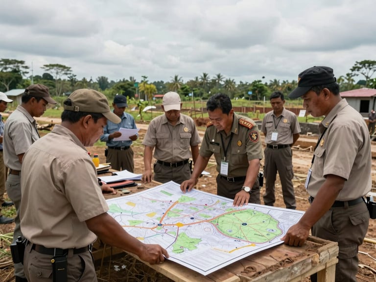 Wide shot of a community land survey in progress, Papuan officers in field gear reviewing printed cadastral maps against an open construction site backdrop, natural daylight from overcast sky