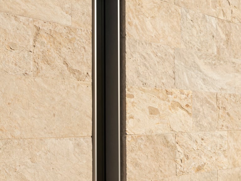 Close-up of local stone wall meeting a minimalist steel window frame, warm afternoon sun, high-end architectural craft