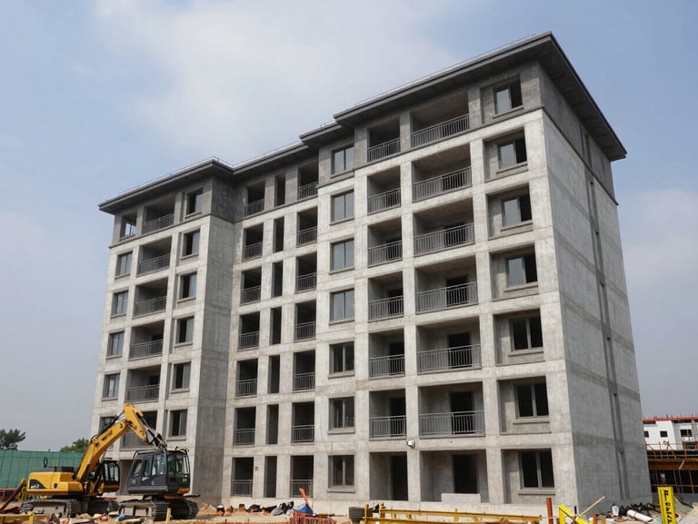 Wide shot of a completed residential apartment complex exterior, natural daylight, multiple floors with balconies and structural concrete framing visible, construction equipment parked at the base for scale, overcast sky