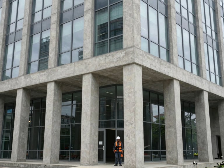 Close-up ground-level shot of a completed commercial office building facade, structural concrete columns and glazed curtain wall panels visible in natural overcast daylight, a hard-hat worker standing at the entrance for scale
