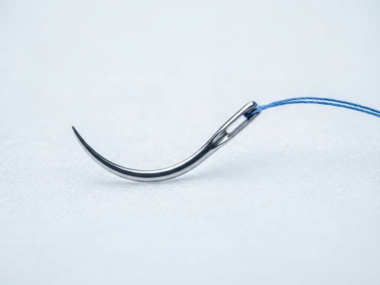 Macro shot of a surgical suture needle under crisp clinical lighting, sterile white background.