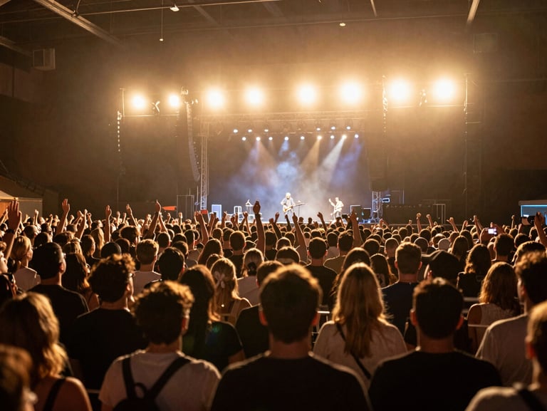 Wide-angle arena crowd shot captured from behind the artist, glowing warm gold stage lights and deep shadows