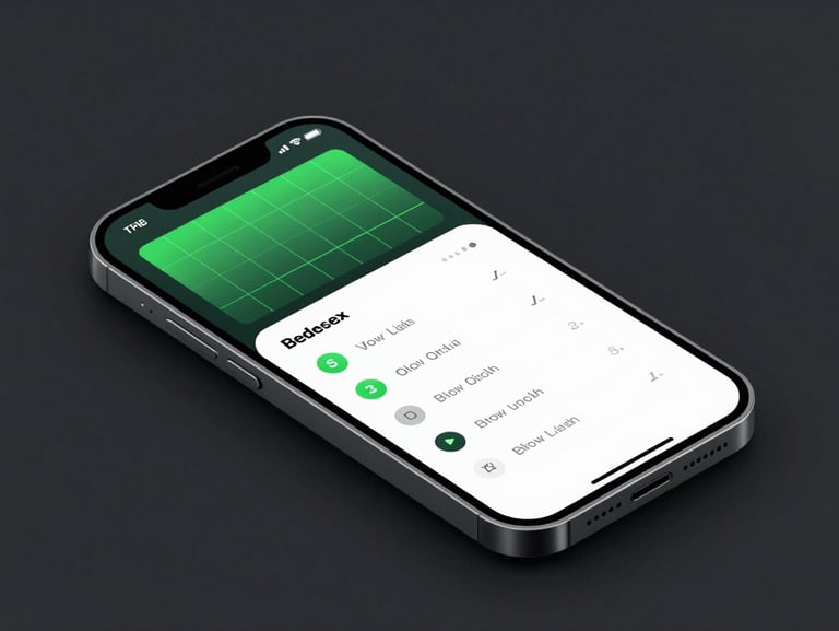 Sleek isometric 3D render of a futuristic mobile device showcasing a clean UI dashboard with neon green grids, dark tech aesthetic, sharp focus, octane render