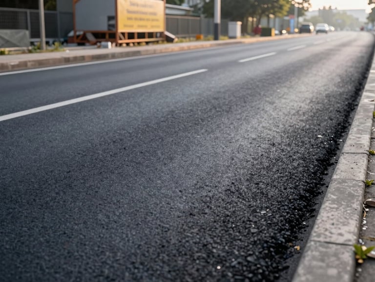 Ground-level view along a newly paved two-lane municipal road, fresh asphalt surface stretching into the distance, road base edge visible at frame right, early morning light, construction signage board in the background