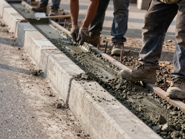 Close-up of a concrete curb and gutter pour in progress, workers placing forms along a road edge, fresh concrete visible in the foreground, morning light, street base course exposed behind the pour