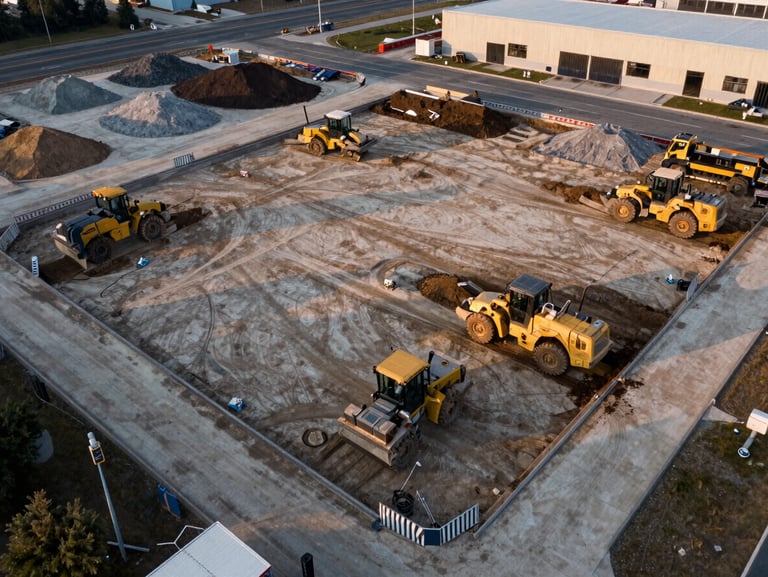 Overhead drone view of a large commercial site-preparation earthworks project, graders and compactors working across a cleared flat pad, access road cut visible at the perimeter, late afternoon raking light, material stockpiles at the upper left