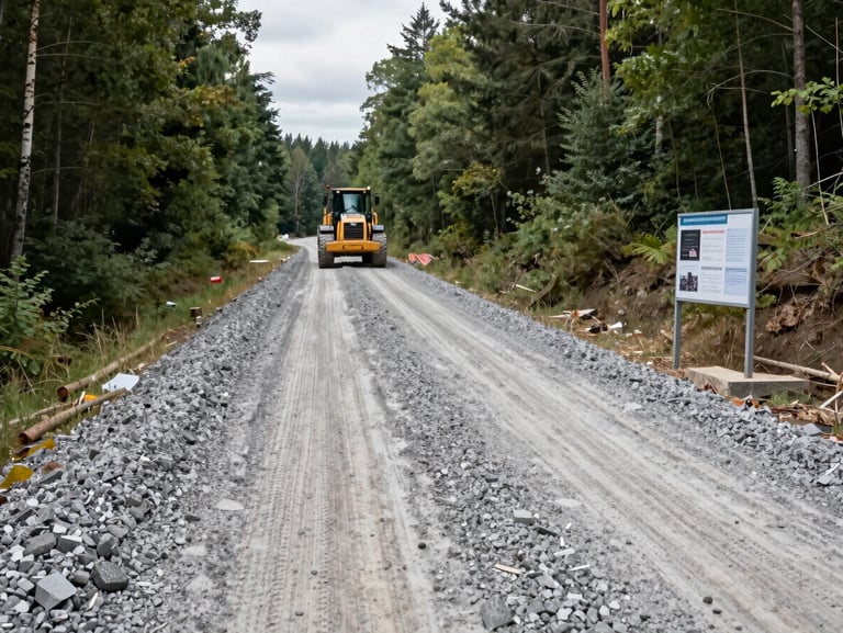 Wide shot of a gravel haul road under construction cutting through a forested site, compacted aggregate base visible, loader at mid-distance, overcast daylight, site documentation board visible at roadside