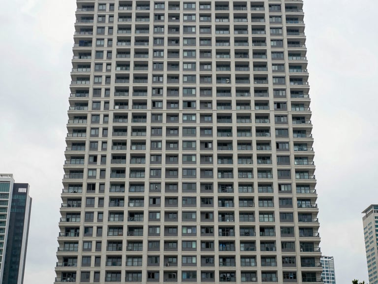 Wide architectural exterior of Orian KL residential tower, clean overcast daylight, straight-on facade revealing urban geometry and floor-plate scale, KL mid-city context visible in background
