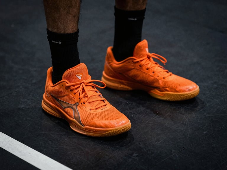 Gritty athletic photography, low-angle tight crop on a player's squeaking orange sneakers on a dark charcoal court, high-contrast lighting.