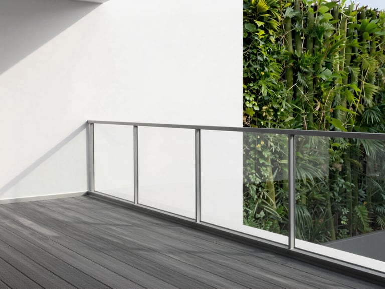 Modern minimalist balcony with composite wood decking, sleek glass railing, vertical green wall, soft afternoon sunlight