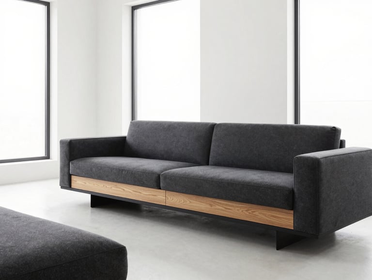 High-end minimalist living room with low-profile charcoal sofa, custom oak media console, large windows, bright natural light