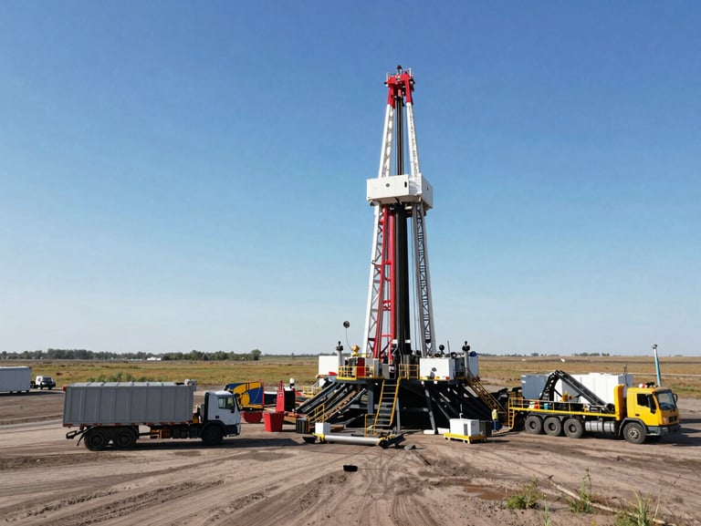 Wide environmental shot of an active drilling pad in North America under high-contrast natural daylight, showing the small physical footprint of the Chinook waste unit positioned next to the rig, with no haul-off trucks present.