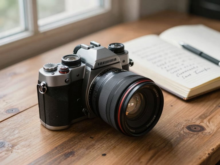 A rugged mechanical camera resting on a wooden table next to a handwritten field journal, soft daylight from a side window.