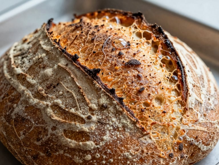 Close-up of bubbling, golden-brown sourdough bread crust fresh from the oven, diffused daylight, soft textures, unposed.