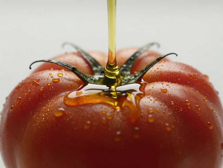 Macro close-up of rich golden olive oil pouring onto a ripe, textured heirloom tomato, natural low-contrast daylight.