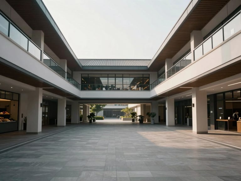 Wide environmental shot of a modern food market courtyard, soft morning light, clean architectural lines, empty spaces.