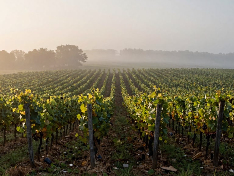 Atmospheric environmental shot of a quiet French vineyard at dawn, mist rising between the rows, soft low-contrast morning light, no people.