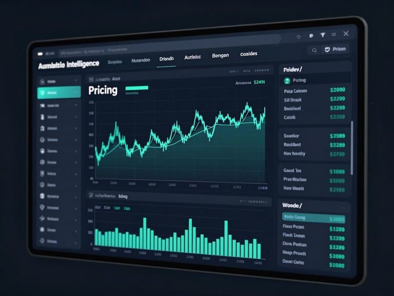Sleek tech photography of a competitive intelligence dashboard, displaying automated pricing alerts and market movement charts, deep obsidian theme, cool studio lighting