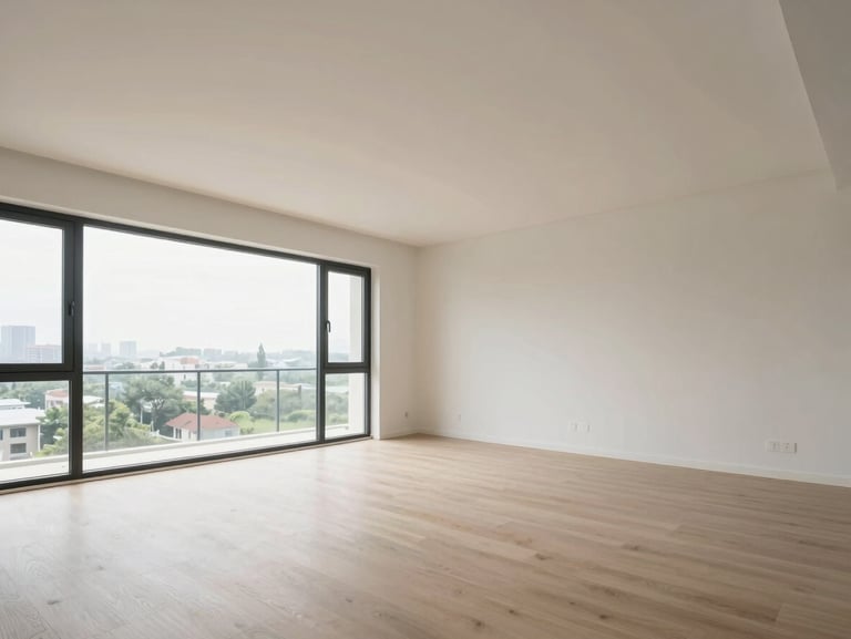 Wide environmental shot of a residential apartment living room, clean daylight from a large window, minimal furniture, architectural lines sharp, no people, neutral tones, professional even lighting revealing ceiling height and floor plan