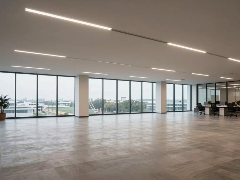 Wide shot of a modern commercial office floor, clean overhead lighting revealing open-plan layout, floor-to-ceiling glazing on the far wall, no people, neutral finishes, even professional lighting with no shadows or color grading