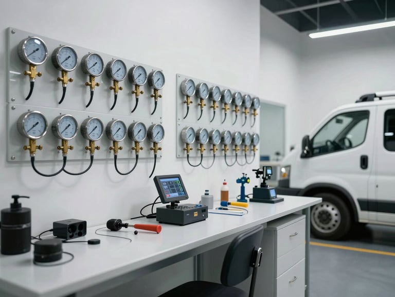 A clean, modern workshop interior in Dammam with organized technical diagnostic tools, manifold gauges on wall racks, and a parked service vehicle.